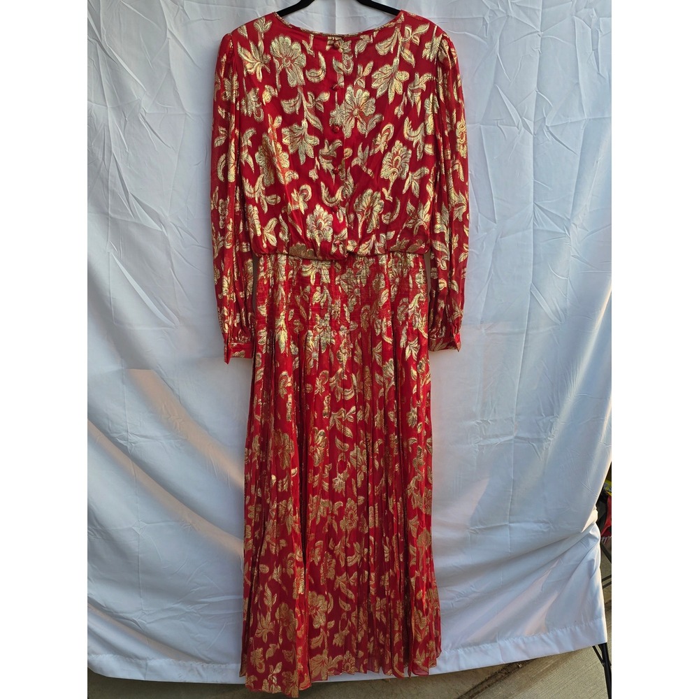 Vintage Raul Blanco Red Gold Metallic Floral Pleated Maxi Dress Evening Gown 12 - Picture 3 of 7